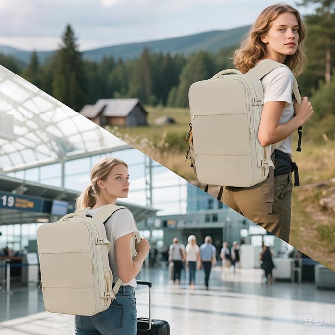 Air Vacuum Compression Travel Backpack: Expandable Beige Carry On Bag Vacuum with Pump Fits 17.3 inch Laptop for Women & Men - Suitable for Business, Camping and Work Water-resistant