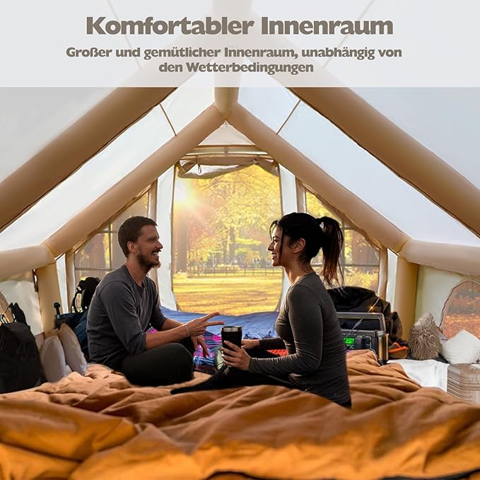Inflatable Camping Tent, Glamping Inflatable Tent for Camping, 4 Season Water&Windproof Outdoor Oxford Blow Up Cabin Tent with Mesh Windows & Doors for 4-8 People Camping