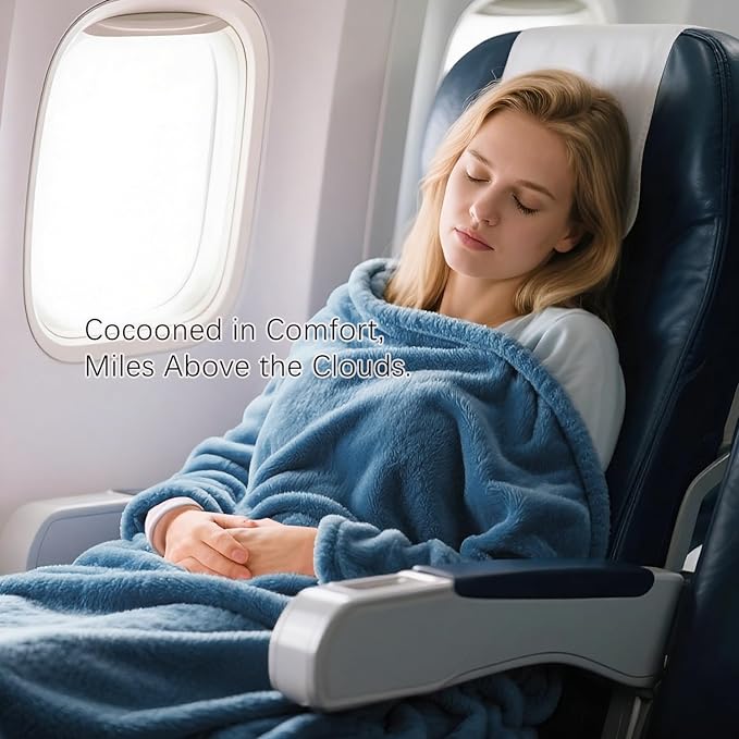 Melissa Large Travel Blanket and Inflatable Pillow Set - 69โ x 43.3โ โ Soft Blanket with Carry Bag โ Lightweight, Compact & Washable for Backpacking, Hiking, Airplane, Car, Office, Camping (Blue)