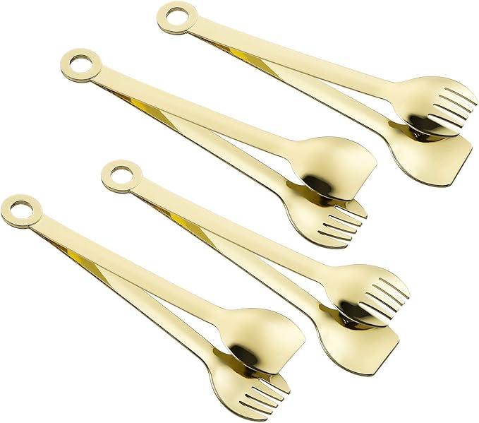 MSY BIGSUNNY Mini Appetizer Tongs Stainless Steel Set of 4, Metal Small Serving Tongs, 6 Inch(15.2cm, Golden)