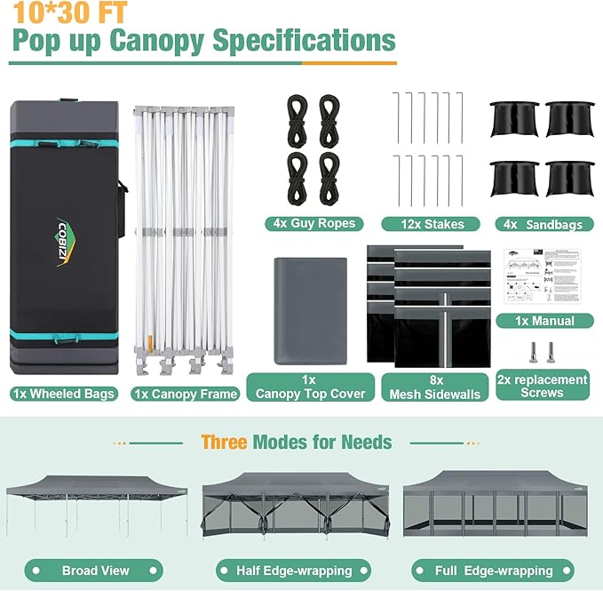 COBIZI 10x30 Canopy Tent, Heavy Duty Pop up Canopy with Sidewalls, Waterproof Easy Setup Canopy with Mosquito Netting, Outdoor Instant Screen Tents for Parties, Wedding with Roller Bag, Gray