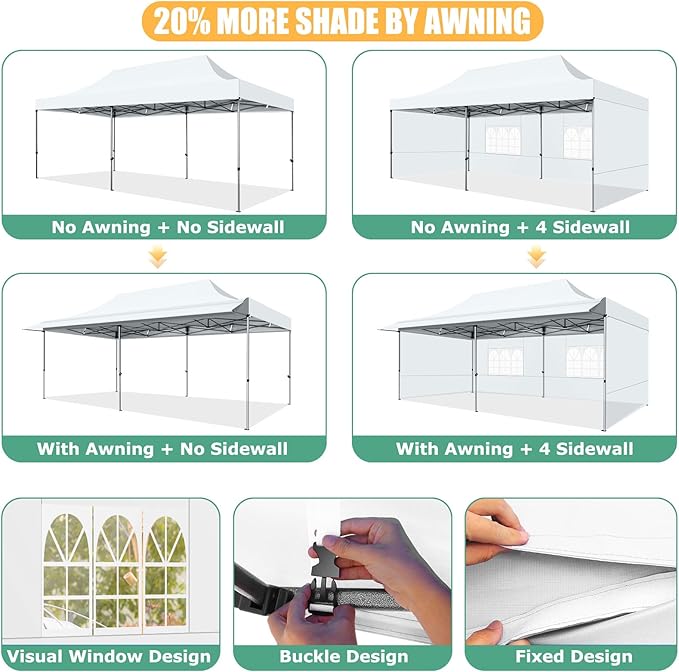 COBIZI 10x20 Pop Up Canopy Tent with Awning,Heavy Duty Canopy UPF 50+ All Season Wind Waterproof Commercial Outdoor Street Vendors Party Tents for Parties Canopy with Roller Bag(10 x 20 ft White)