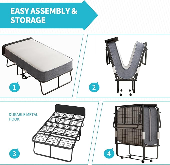 CECER Folding Bed with Mattress, 75" x 46" Rollaway Bed for Adults, 5 inch Thick Memory Foam Mattress,Twin Size Portable Foldable Bed with Headboard & Sturdy Metal Frame,Fold Up, Roll Away