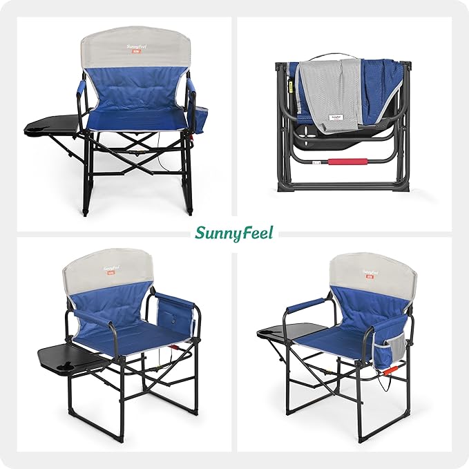 SUNNYFEEL Heated Camping Directors Chair, Portable Folding Lawn Chairs for Adults Heavy Duty with Side Table,Pocket for Beach, Fishing,Picnic,Concert Outdoor, Foldable Camp Chairs