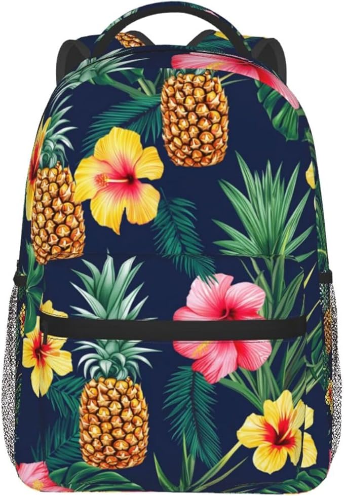 Polyester Daypack Backpack for Climbing Outdoors Running, Big Capacity Multipurpose Anti-Theft Bookbag, Hawaiian Flower Party Pineapple Art Travel Hiking Camping Rucksack