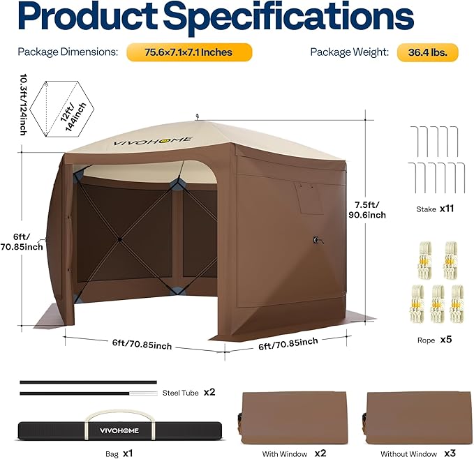 VIVOHOME 12x12ft Pop-Up Gazebo Screen Tent, 6-Sided Instant Outdoor Canopy Shelter with Large Main Door, Wind Panels, and Screens for Outdoor Parties, Camping, Lawn and Backyard