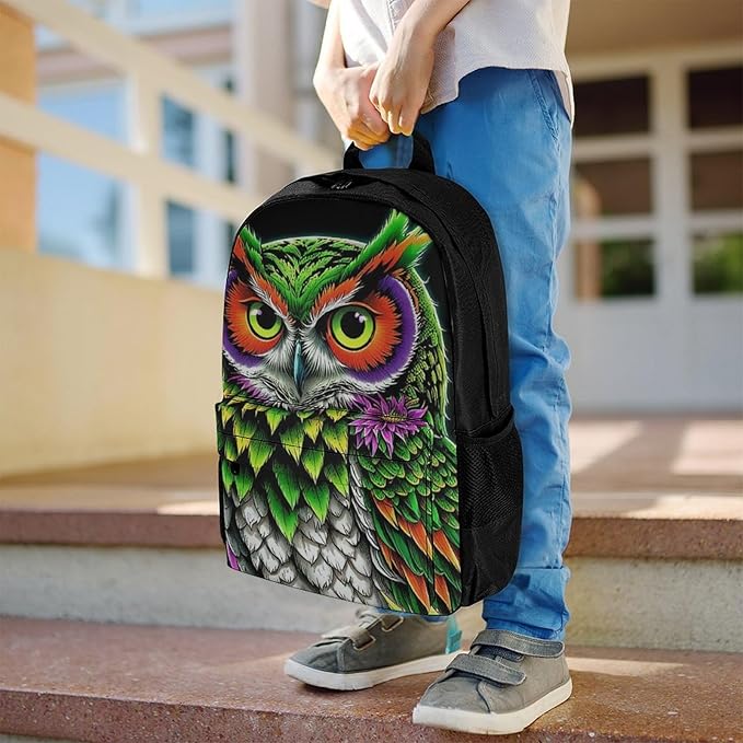 Supdreamc Women Men Polyester Owl Green Weedleaf Art Casual Daypack Large Capacity Bookbag With Side Pockets for Sports Picnic Walking Cycling