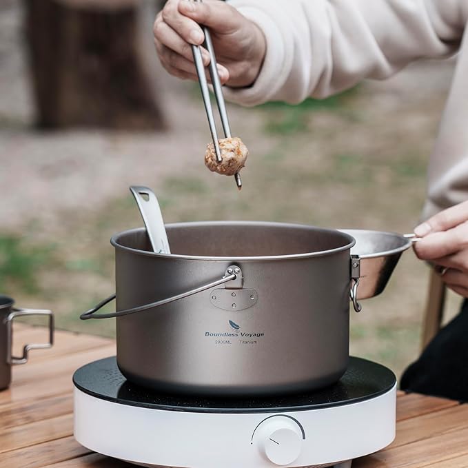 Boundless Voyage Titanium Hanging Pot for Outdoor Camping Backpacking Hiking Ultralight Portable Cooking Pot Camp Kitchen Cookware 1300ML/1950ML/2900ML