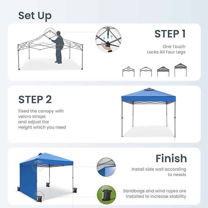 PHI VILLA Canopy Tent 10x10 Pop Up Canopy Outdoor Shade with Pockets Sidewall, Easy Up Sun Shelter with One Person Set Up Center Lock, Portable Instant Camping Beach Canopy Tents, Blue