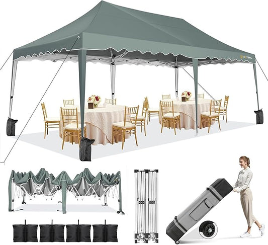 HOTEEL 10x20 Pop Up Canopy, Outdoor Easy Setup Party Tent, Waterproof Portable Enclosed Event Shelter with Wheeled Bag, Weight Bag for Backyard, Vendor, Grey Green