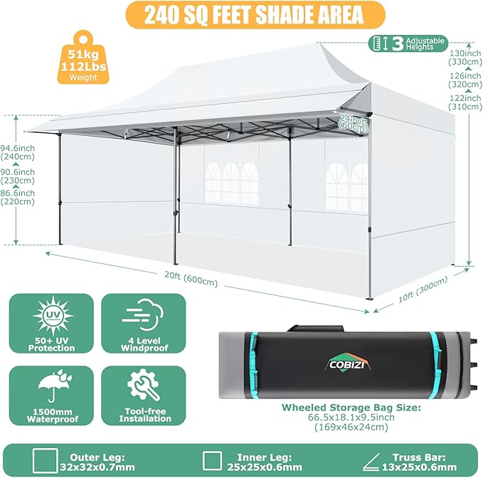 COBIZI 10x20 Pop Up Canopy Tent with Awning,Heavy Duty Canopy UPF 50+ All Season Wind Waterproof Commercial Outdoor Street Vendors Party Tents for Parties Canopy with Roller Bag(10 x 20 ft White)