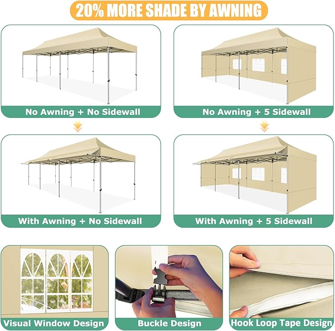 COBIZI 10x30 Pop Up Canopy Tent with Awning,Heavy Duty Canopy UPF 50+ All Season Wind Waterproof Commercial Outdoor Street Vendors Party Tents for Parties Canopy with Roller Bag(10 x 30 ft Khaki)