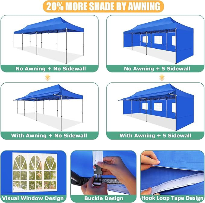 COBIZI 10x30 Pop Up Canopy Tent with Awning,Heavy Duty Canopy UPF 50+ All Season Wind Waterproof Commercial Outdoor Street Vendors Party Tents for Parties Canopy with Roller Bag(10 x 30 ft Blue)