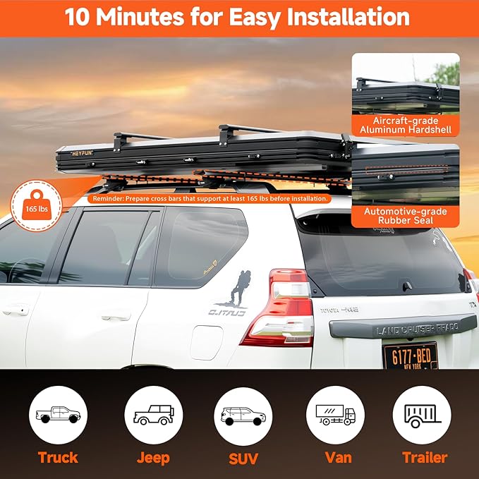Pioneer Pro Rooftop Tent Hard Shell with USB Outlet, Summer Side Awning, Winter Thermal Liner&Luggage Racks for 4 Season Camping, Aluminum Pop Up 2-3 Person Roof Tent for Truck Jeep SUV Van Trailer