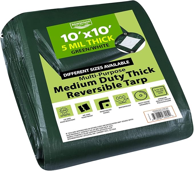 Medium Duty Waterproof 5 Mil. Reversible (Hunter Green/White) Tarp Cover, UV Resistant, Rip and Tear Proof Tarpaulin with Reinforced Edges - for Roof, Camping, Patio, Pool Cover, Boat (10'X10')