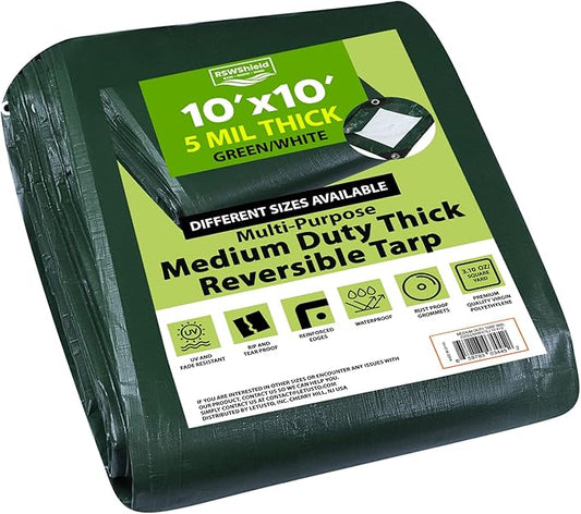 Medium Duty Waterproof 5 Mil. Reversible (Hunter Green/White) Tarp Cover, UV Resistant, Rip and Tear Proof Tarpaulin with Reinforced Edges - for Roof, Camping, Patio, Pool Cover, Boat (10'X10')