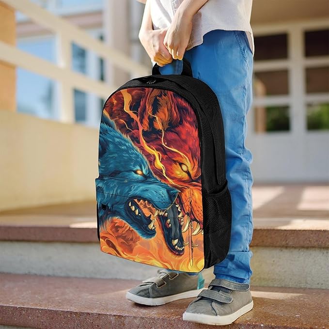 Supdreamc Lightweight Daypack for Camping Business Walking Cycling, Large Capacity Anti-Theft Multipurpose Bookbag, Ice And Fire Flaming Cool Wolf Art Gym Outdoor Hiking Backpack
