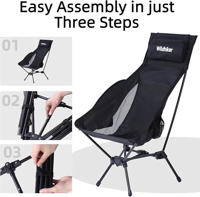 Wildhiker Portable Compact Folding Camping Chairs – Lightweight High Back with Pillow, Deep Recline, ArmPads, Side Pockets-for Motorcycle, RV, Backpacking,Travel,Festival – Black