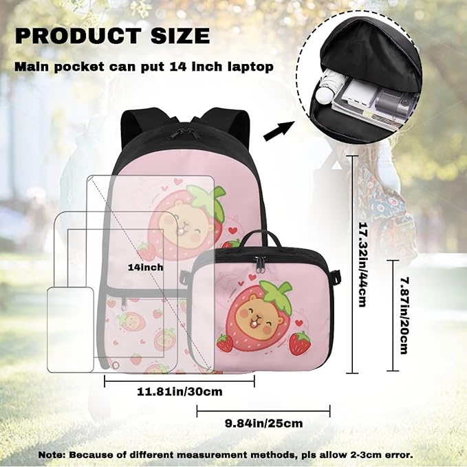 HUGS IDEA Strawberry Capybara Backpack for School Girls Cute Bookbag with Insulated Lunch Bag for Elementary Girls Kids Travel Backpack Set Large 17 Inch Schoolbag for Students Study Daypack