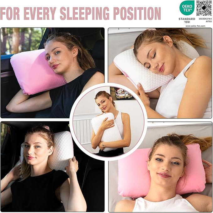 alkamto Travel & Camping Comfortable Memory Foam Pillow – Easy to Carry Portable Bag – Temperature Regulating Pillow Case (Pink + Extra Cover)