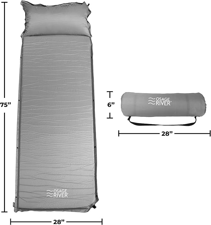 OSAGE RIVER Self Inflating Sleeping Pad with Built-in Pillow, Compact Memory Foam Sleep Mat, Camping Air Mattress for Tent, Travel, Backpacking, or Hiking, Grey