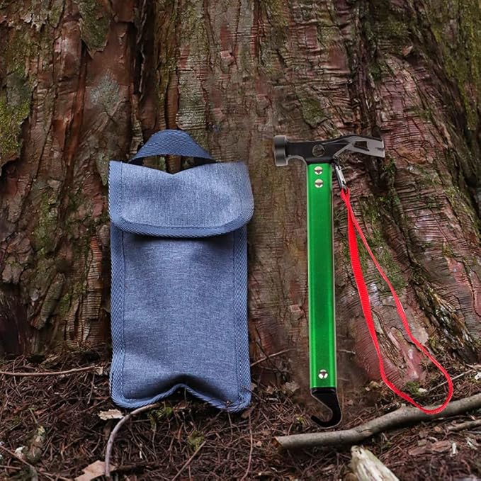 Carbon Steel Aluminum Camping Hammer, 12" Small Lightweight Three-in-One Functional Tent Stake Hammer for Hiking Kit Green