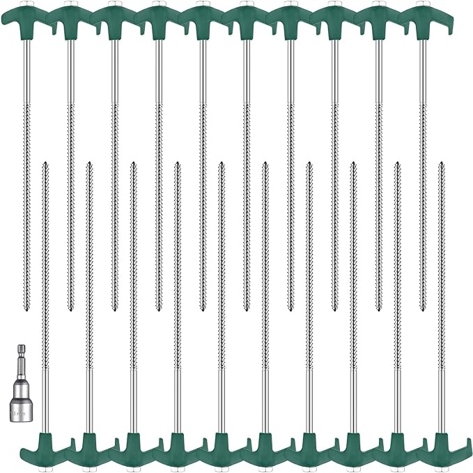 Hicarer 20 Pcs 12 Inch Tent Stakes Screw in Camping Stakes Heavy Duty Metal Spikes Ground Anchor Peg Threaded Tent Spikes with Hex Head Driver for Camping Garden Inflatable (Dark Green)