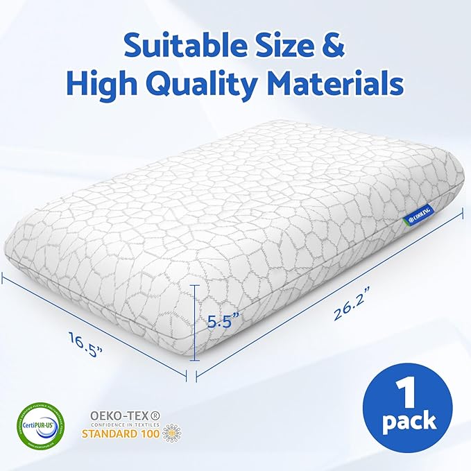 Memory Foam Pillows for Sleeping, Bed Pillow with Removable and Machine Washable Cover, Bed Pillow for Side, Neck Pillow, Back and Stomach Sleepers, Standard Size (1 Pack)