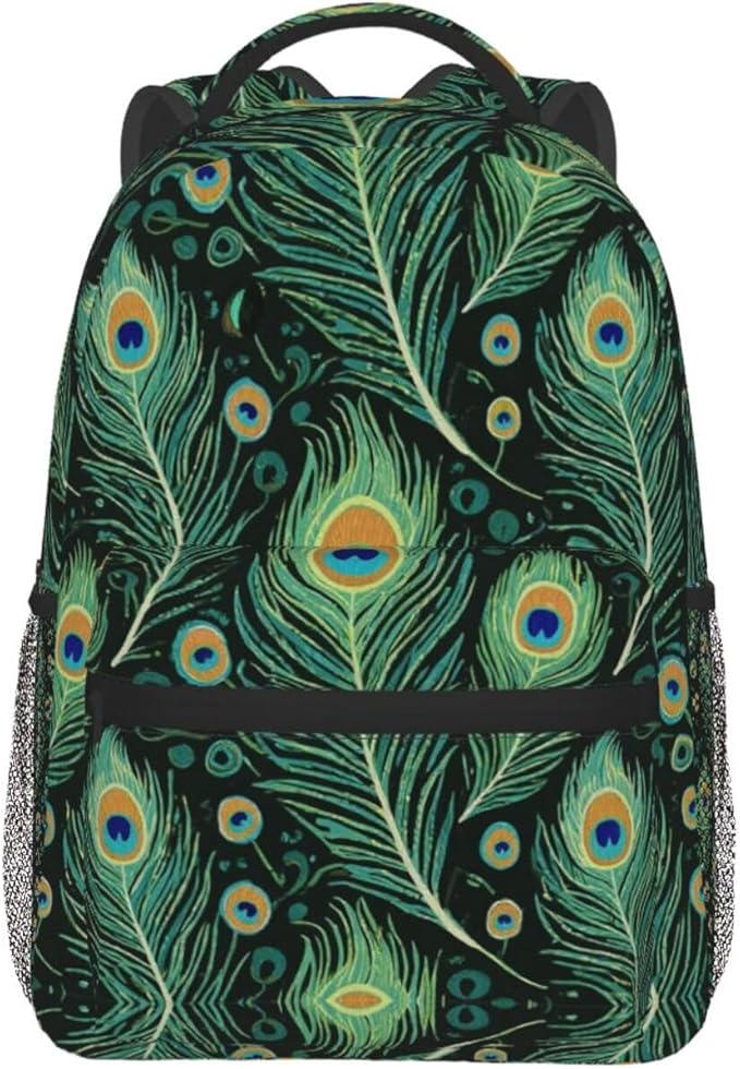 Men Women Lightweight Chic Animal Beautiful Peacock Feather Green Art Backpack Large Capacity Bookbag With Smooth Zippers for Gym Business Running
