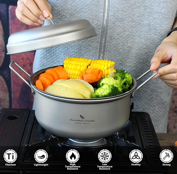 Boundless Voyage Multifunctional Titanium Steamer Pot with Frying Pan and Vented Lid Outdoor Camping Backpacking Kitchen