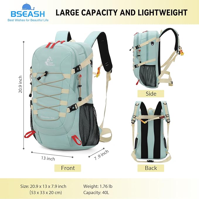 Bseash 40L Waterproof Hiking Backpack with Rain Cover, Outdoor Sport Travel Bag Daypack for Camping Climbing Skiing Cycling (Pea-green)