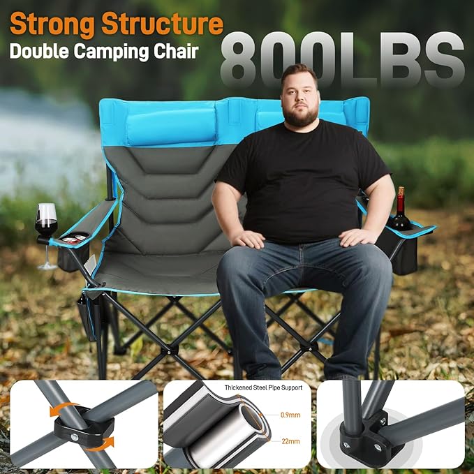 Oversized High-Back Camping Chairs with Pillow, Dual Cup Holders & Cooler Bag - Heavy Duty Foldable Outdoor Chair for Adults4PC (1, BLUEGREY-3PC -Set)