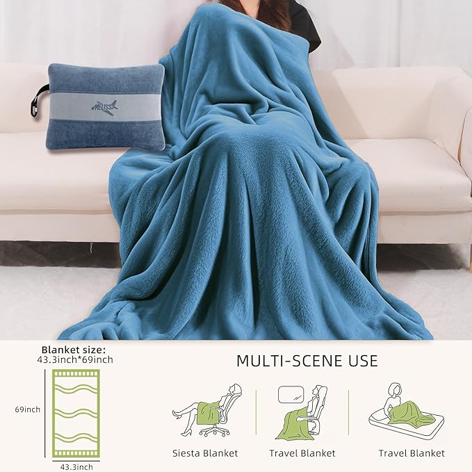 Melissa Large Travel Blanket and Inflatable Pillow Set - 69โ x 43.3โ โ Soft Blanket with Carry Bag โ Lightweight, Compact & Washable for Backpacking, Hiking, Airplane, Car, Office, Camping (Blue)