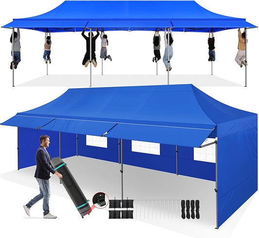 COBIZI 10x30 Pop Up Canopy Tent with Awning,Heavy Duty Canopy UPF 50+ All Season Wind Waterproof Commercial Outdoor Street Vendors Party Tents for Parties Canopy with Roller Bag(10 x 30 ft Blue)
