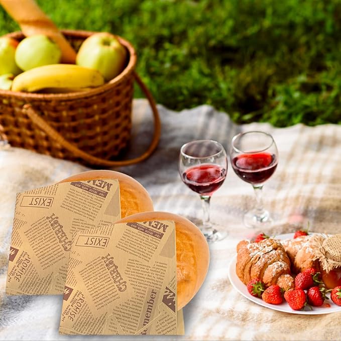 Soft Pretzel Bags 7"x7" Double Open Sandwich Bags 50Pcs, Grease-proof Parchment Paper Bags Newspaper Style Sandwich Wrappers for Cookie Snack Deli Bakery Family Daily Wrap