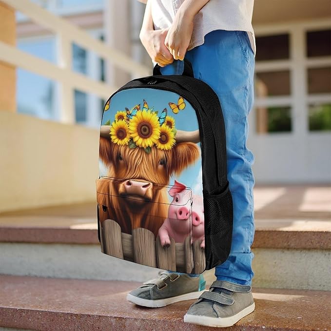 Supdreamc Men Women Polyester Sunflower Butterflies Highland Cow Pig Daypack Bookbag Big Capacity Shoulder Bag With Padded Straps for Climbing Travel Walking Cycling