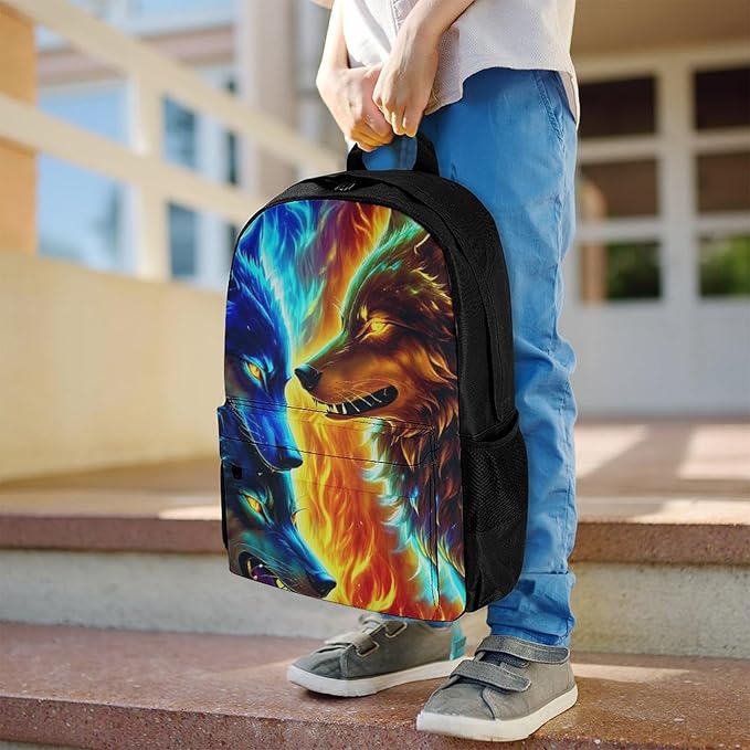 Supdreamc Rucksack Multipurpose Anti-Theft Big Capacity Shoulder Bag, Ice And Fire Flaming Cool Wolf Travel Hiking Camping Rucksack With Side Pockets