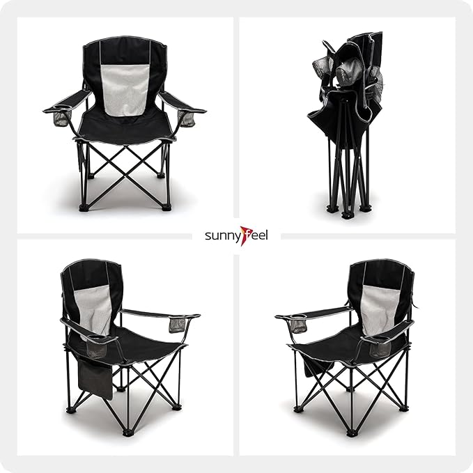SUNNYFEEL Oversized Folding Camping Chair 500 LBS Heavy Duty Lawn Chairs for Adults Black Portable Folding with Armrest, Cup Holder, Pocket &Bag for Outdoor Camping/Beach/Travel/Picnic/Fishing