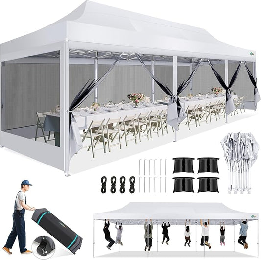 COBIZI 10x30 Canopy Tent, Heavy Duty Pop up Canopy with Sidewalls, Waterproof Easy Setup Canopy with Mosquito Netting, Outdoor Instant Screen Tents for Parties, Wedding with Roller Bag, White