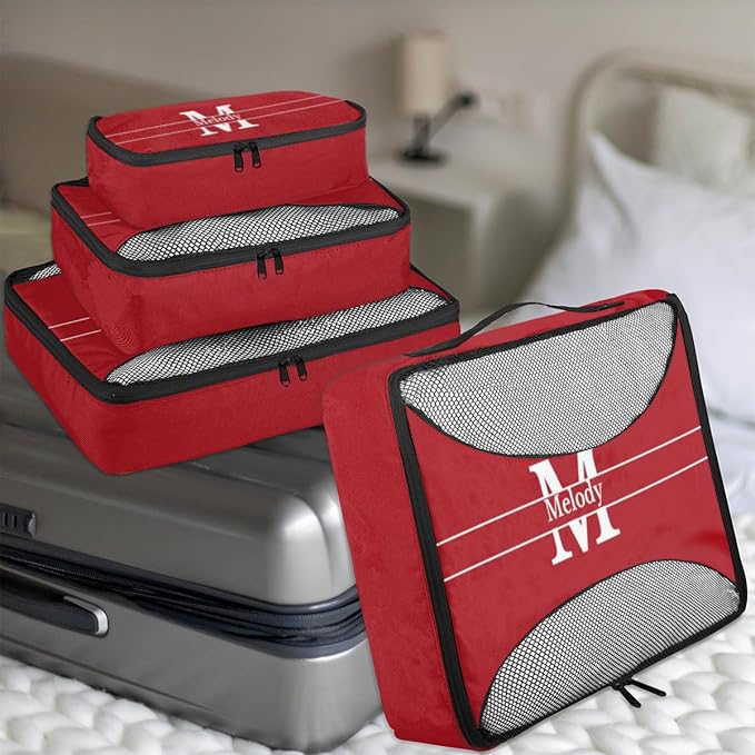 4pc Personalized Name Packing Cubes for Travel - Luggage Packing Organizers - Travel Packing Cubes for Suitcases, Solid Red Color with Initial Letter