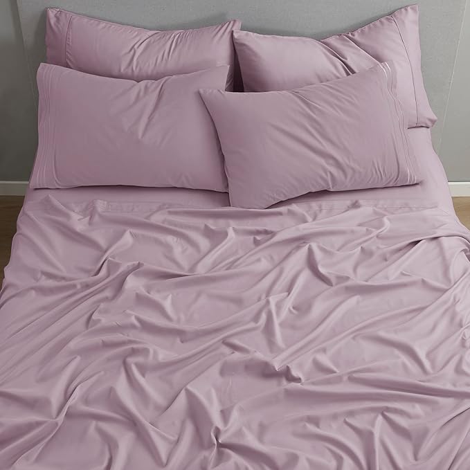 Clara Clark Flex Top King Sheets - Hotel Luxury 6 Piece Bed Sheets for Top Split King Bed - Soft Bedding Sheets & Pillowcases, Head Split King Size. Dusty Purple