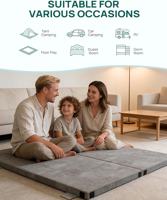 3 Inch Kids Dual-Sided Memory Foam Camping Mattress, Waterproof Camping Sleeping Pad with Portable Pillow & Carry Bag, Roll Up Cot Mattress Mat for Guest Bed/Car/Tent