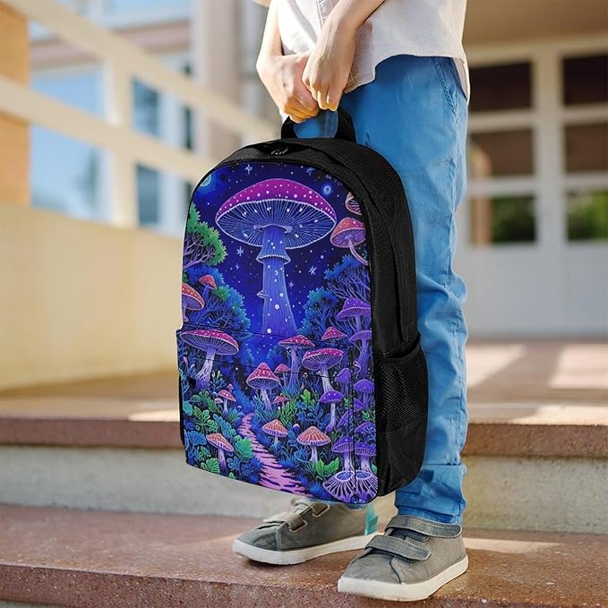 Supdreamc Rucksack Polyester Anti-Theft Multipurpose Magic Mushroom Neon Purple Pattern Bookbag Big Capacity Travel and Sport Backpack Rucksack With Side Pockets
