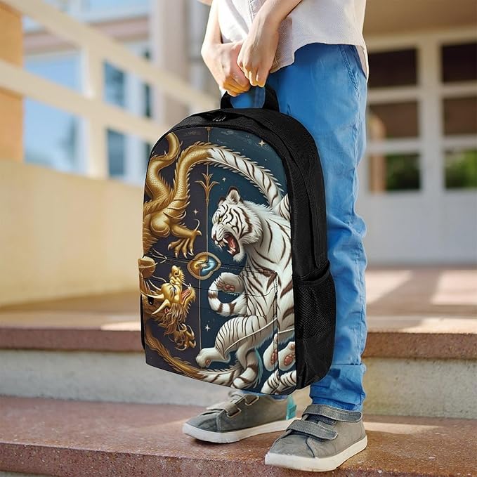 Supdreamc Shoulder Book Bags Polyester Multipurpose Anti-Theft Yin Yang Gold Dragon White Tiger Art Carry On Bag Large Capacity Travel Hiking Camping Rucksack