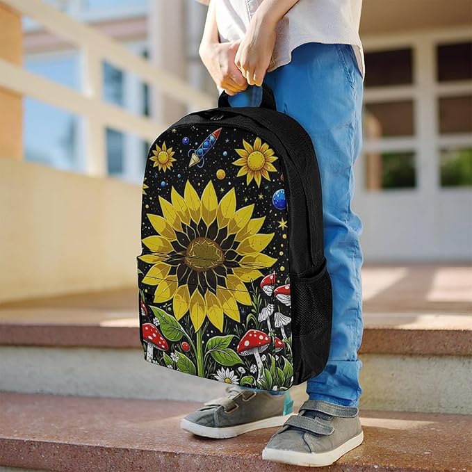 Supdreamc Men Women Lightweight Psychedelic Sunflower Mushroom Floral Art Daypack Bookbag Big Capacity Carry On Bag With Side Pockets for Camping Travel Bicycle