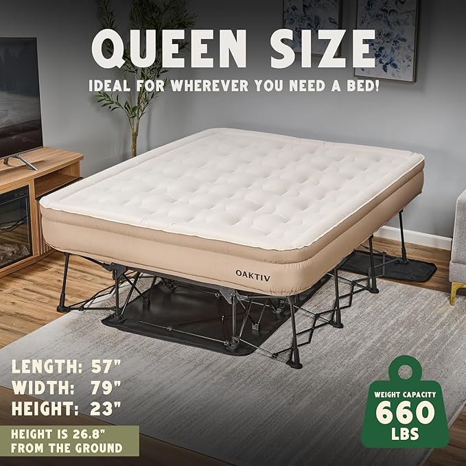 Queen Air Mattress with Frame, Self Inflating/Deflating Blow Up Bed for Adults - PeakRest Camping Cot with Mattress - Portable Queen Size with Travel Rolling Case on Wheels
