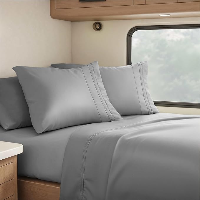 Hearth & Harbor Short Queen Sheets for RV, Grey RV Queen Sheets, Silky Soft 1800 Microfiber Bed Sheet for Camper, 4 Piece RV Bedding with Pillowcases