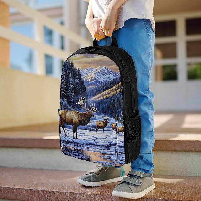 Supdreamc Daypack Backpack Anti-Theft Multipurpose Big Capacity Bookbag, Elk Winter Snow Business Computer Bag With Side Pockets