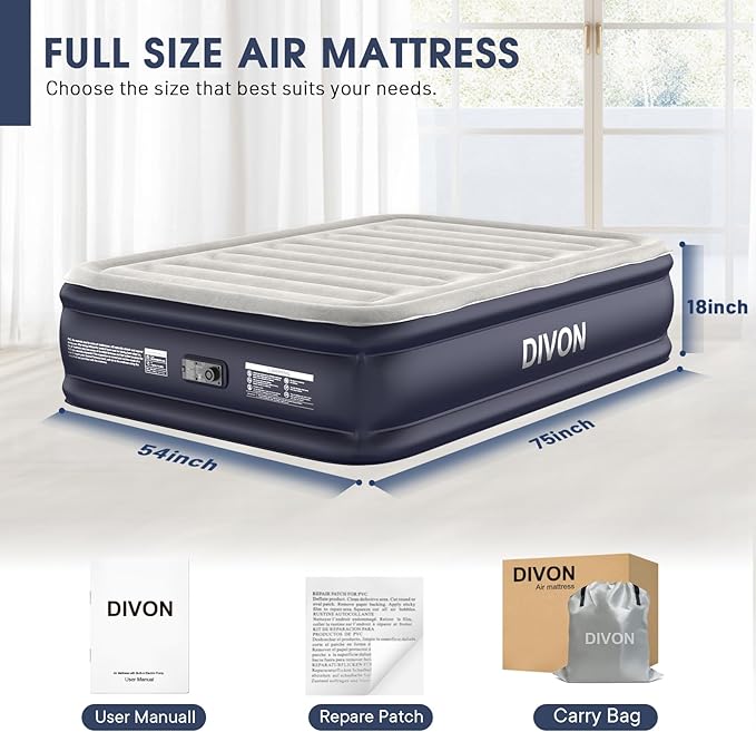 Air Mattress Full with Built in Pump,18''Raised Blow Up Mattress 2 Mins Self-Inflation/Deflation,Upgraded Thicker Inflatable Mattress,Air Bed with Storage Bag for Guests,Home,Camping,660 lbs Max