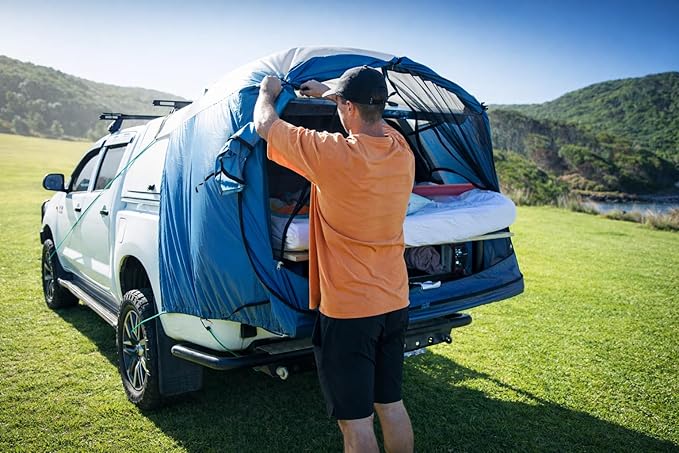 Truck Bed Tent for Caps– Fits Ford F-150, Chevy Silverado, Toyota Tundra, Tacoma (2005+), Tailgate ≥ 58" – Converts Truck with Cap into Camping Tent